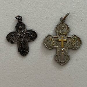 Set of 2 Vintage Catholic Four Way Cross Last Rite Miraculous Medal Pendants